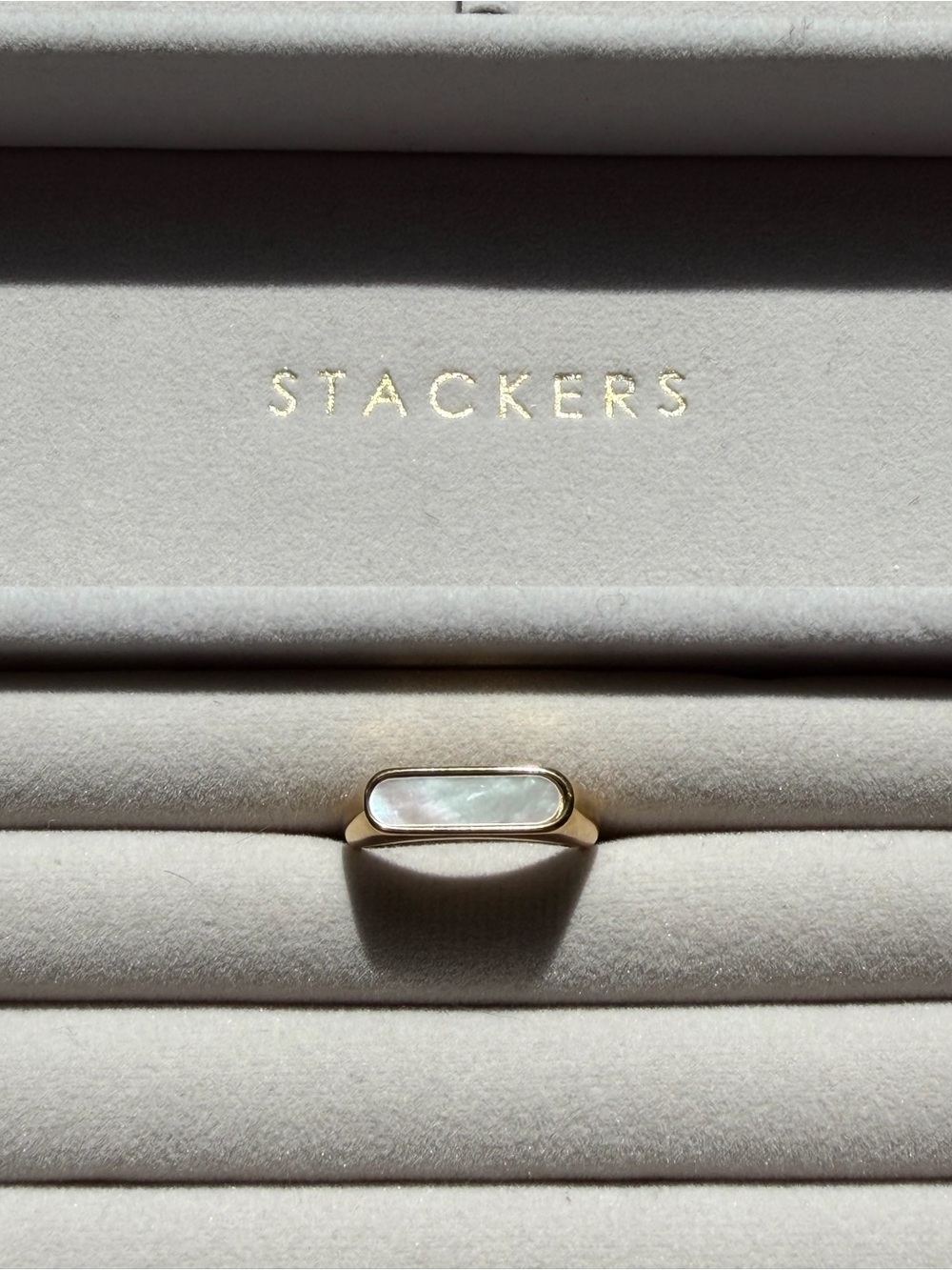Minimalist Gold Tone Rectangle Signet Ring with Mother of Pearl Inlay